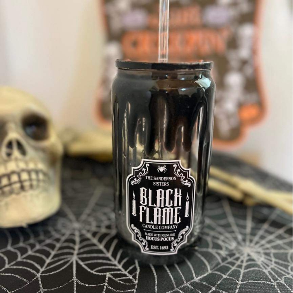 Black flame snowglobe glass can.